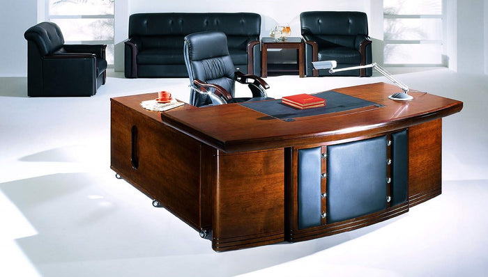 Office Desk in Dark Cherry Finish with Cabinet Extension and Front Leather Inserts